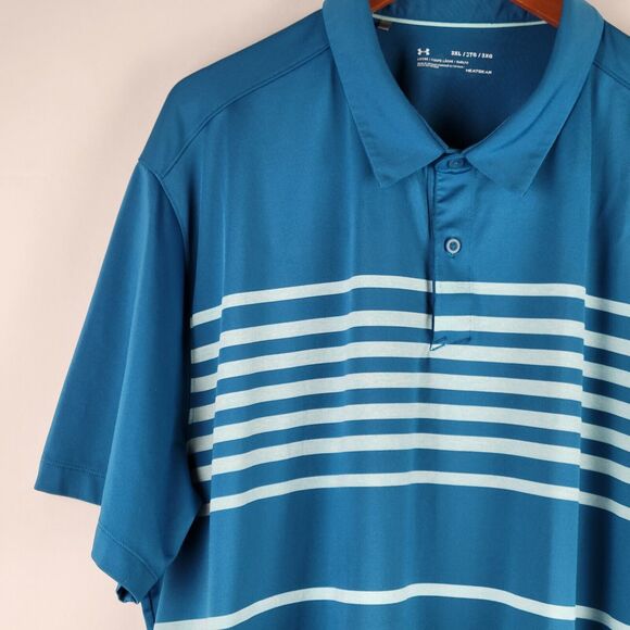 Under Armour Heatgear Polo Shirt Men 3XL Loose Fit Blue Striped Performance Golf - Picture 4 of 11